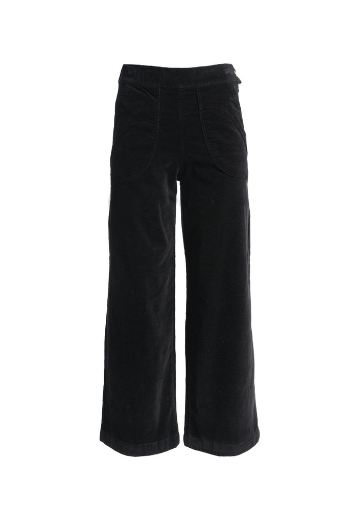 Olga de Polga Black Peggy Sue pants in cotton velvet corduroy. Comfortable high waist. Elastic waistband at the back. Front view