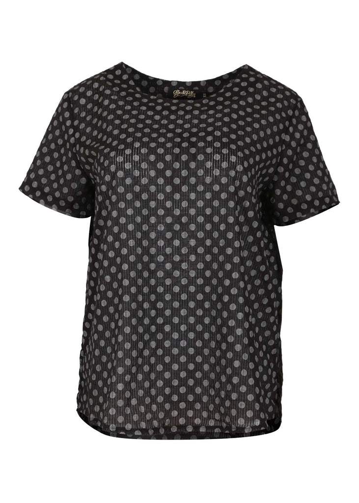 Olga de Polga Black Polka Dot Top with a round neckline and short sleeves. This top finishes at the hip. Front view.