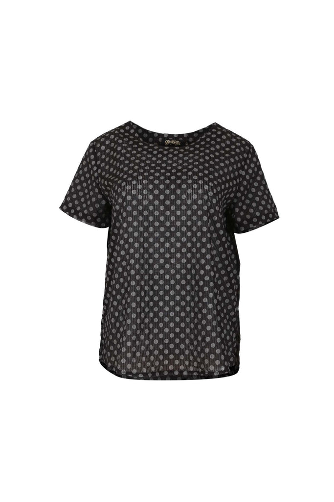 Olga de Polga Black Polka Dot Top with a round neckline and short sleeves. This top finishes at the hip. Front view.