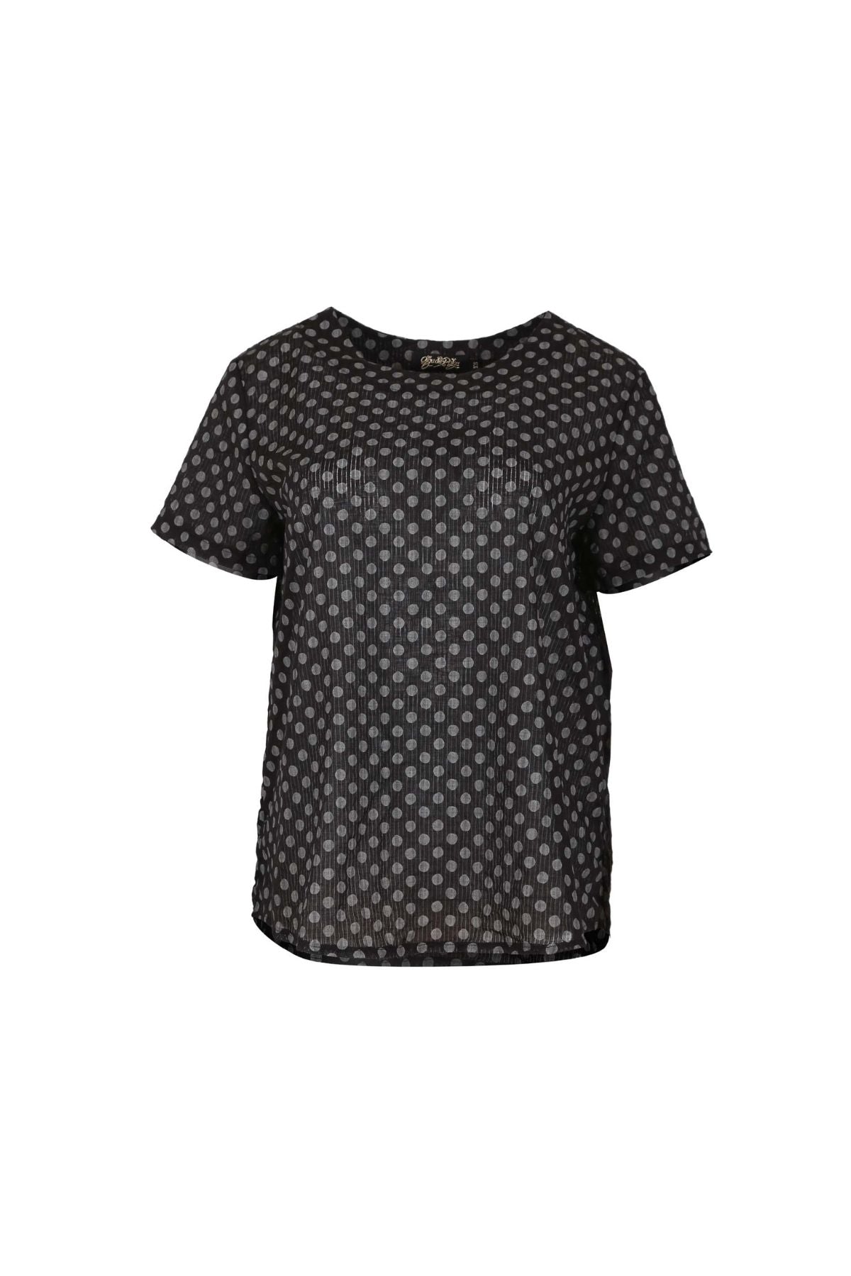 Olga de Polga Black Polka Dot Top with a round neckline and short sleeves. This top finishes at the hip. Front view.