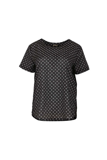 Olga de Polga Black Polka Dot Top with a round neckline and short sleeves. This top finishes at the hip. Front view.