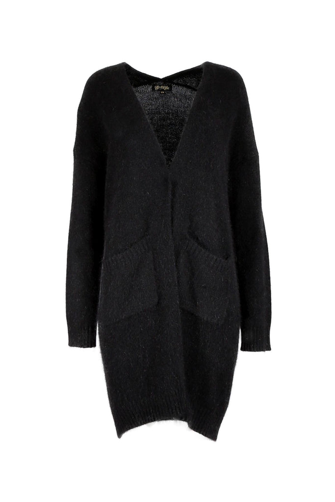 Olga de Polga Black Portofino cardi coat in black angora. Long cardi/coat. Large patch pockets. long sleeves.  Front view