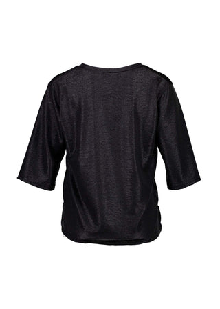 Olga de Polga Black Prosecco top in metallic polyester fabric. With a relaxed fit, scoop neckline, and 3/4 length sleeves, your everyday t-shirt now boasts a lustrous twist.  Back