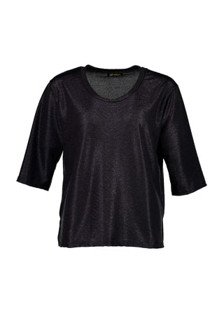 Olga de Polga Black Prosecco top in metallic polyester fabric. With a relaxed fit, scoop neckline, and 3/4 length sleeves, your everyday t-shirt now boasts a lustrous twist.  Front