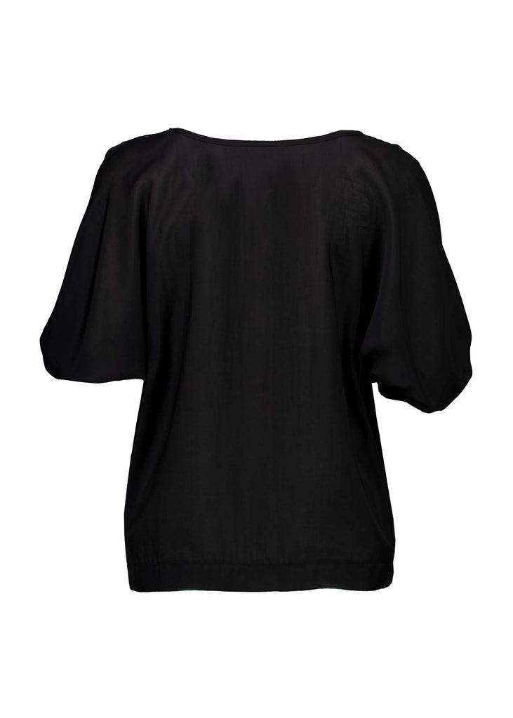 Olga de Polga Camisa Top in Skyscraper black Tencel. 100% Tencel. 
Reversible top with a boat neck and soft v-neck choice. Back view.