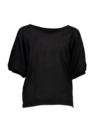 Olga de Polga Camisa Top in Skyscraper black Tencel. 100% Tencel. 
Reversible top with a boat neck and soft v-neck choice. Front view.