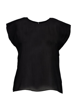Olga de Polga Black Skyscraper tee in 100% Tencel. Round neck and cap sleeves. Front view.