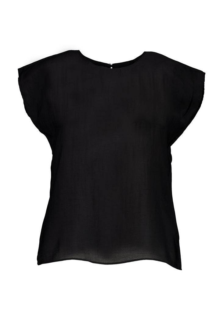 Olga de Polga Black Skyscraper tee in 100% Tencel. Round neck and cap sleeves. Front view.