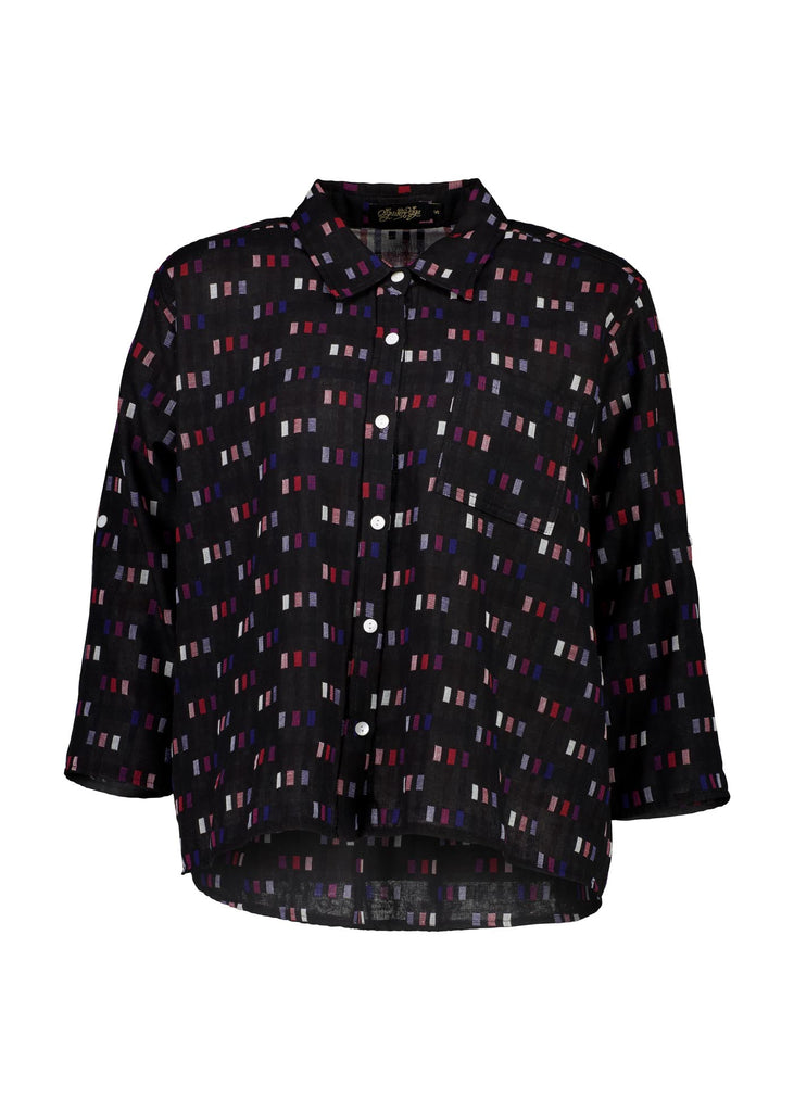 Olga de Polga Black Telegraph blouse in woven cotton with a collar and button up front. 3/4 sleeves and a trapeze shape. Front