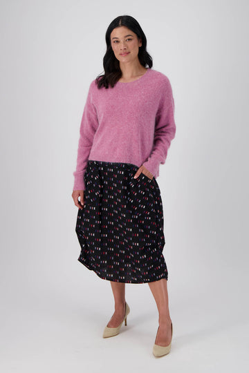 Olga de Polga Milwaukee skirt in Black Telegraph woven cotton. Front full view on model.