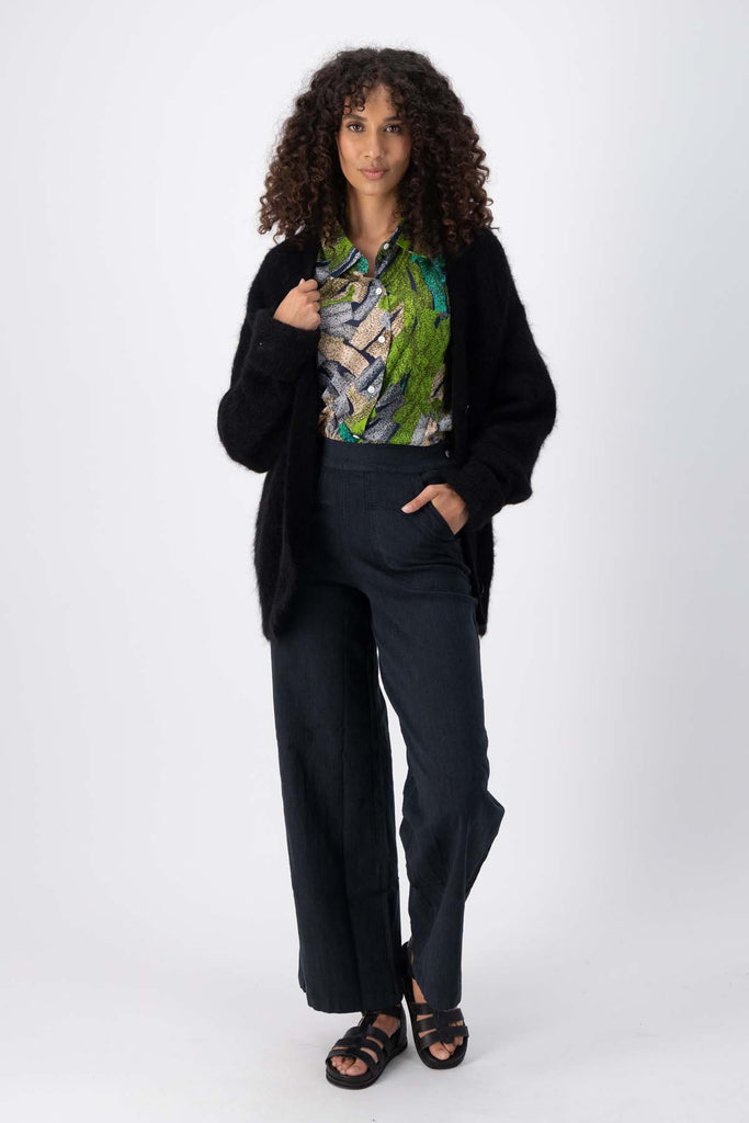 Olga de Polga Black To The Moon & Back alpaca long cardigan coat with extra long sleeves. Full front view