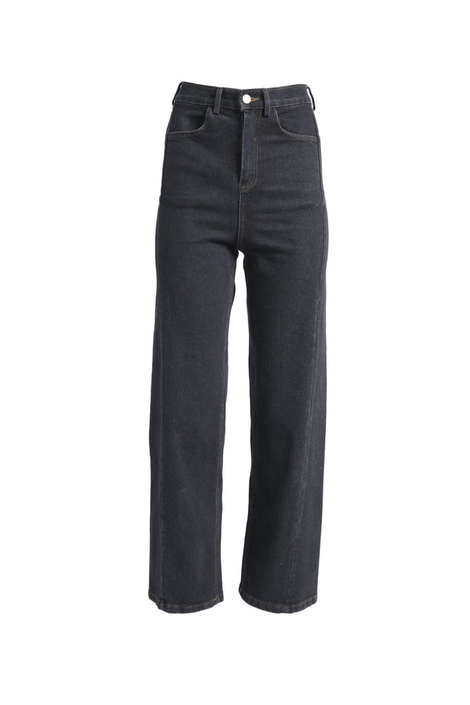 Olga de Polga Santana Jeans in black wash denim. Super comfy, full length jeans, with a front button and front and back pockets. Front view