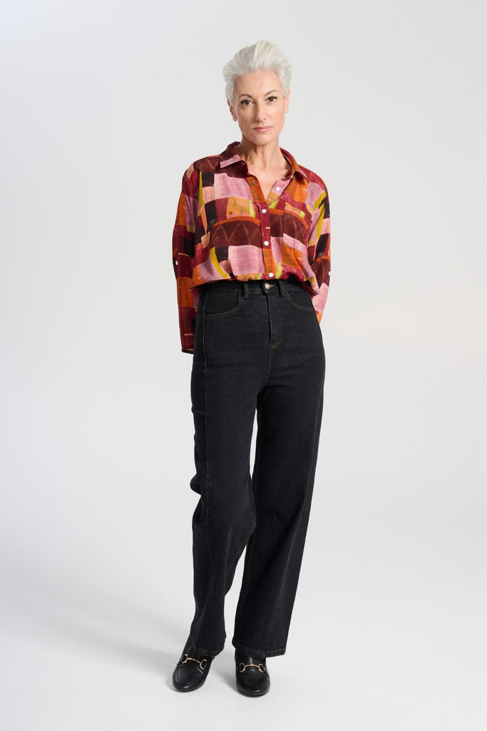 Olga de Polga Santana Jeans in black wash denim. Super comfy, full length jeans, with a front button and front and back pockets.