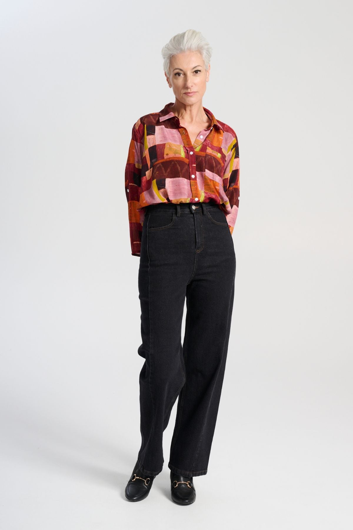 Olga de Polga Santana Jeans in black wash denim. Super comfy, full length jeans, with a front button and front and back pockets.