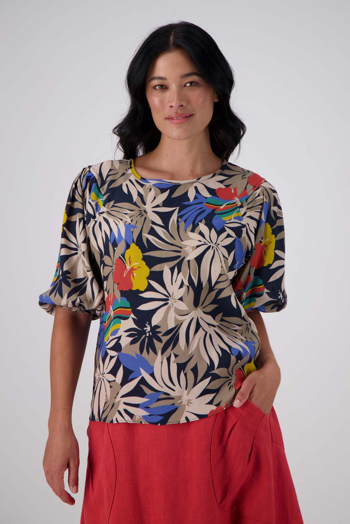 Olga de Polga classic blouse in the new Wildflowers printed viscose. Front close up view on model