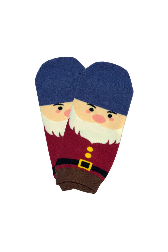 Olga de Polga Aiko the Gnome ankle socks in blue, red and brown with yellow buttons.