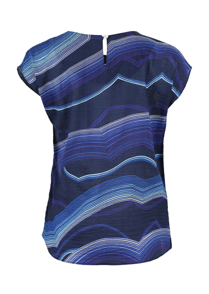 Olga de Polga classic tee in Blue Aurora printed cotton seersucker. With a round neckline and cap sleeves this tee finishes at the hip.  Back view