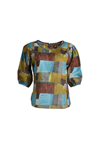 Olga de Polga blouse in the Azure Kismet print from our AW25 Odyssey collection. Round neckline, half sleeves, back zip fastening.  Front view