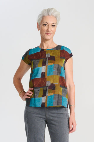 Olga de Polga Azure Kismet Tee printed in 100% cotton. Straight cut with slight tapering to the waist. Cap sleeves.  Round neckline. Front view on model