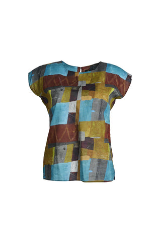 Olga de Polga Azure Kismet Tee printed in 100% cotton. Straight cut with slight tapering to the waist. Cap sleeves.  Round neckline. Front view