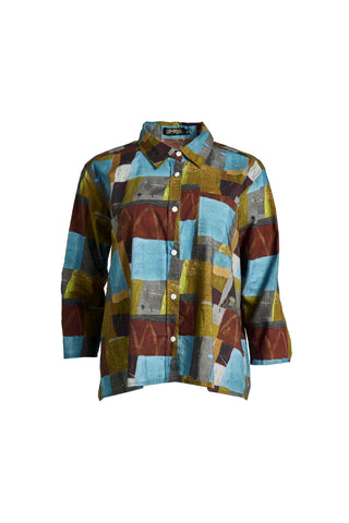 Olga de Polga classic cotton shirt in our AW25 Azure Kismet print from the Odyssey collection. The signature Olga Shirt is great for all occasions. It has an effortlessly chic, relaxed silhouette that drapes with ease. Front view