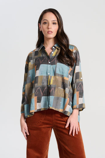 Olga de Polga classic shirt in Azure Kismet Soft wash printed Tencel. Front view on model.