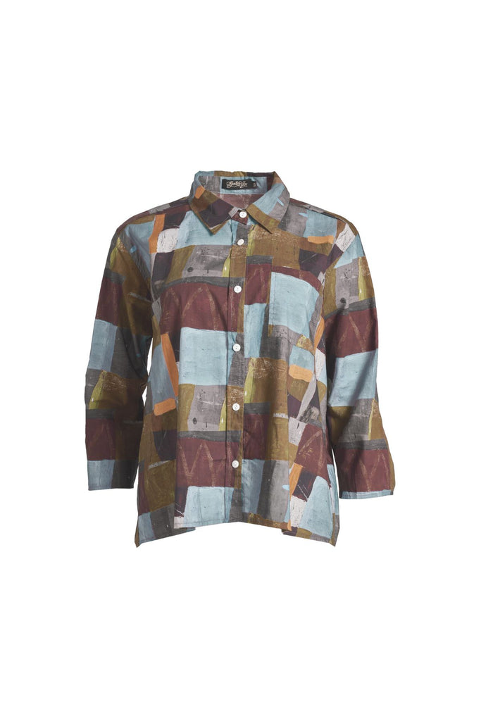 Olga de Polga classic shirt in Azure Kismet Soft wash printed Tencel.  Front view