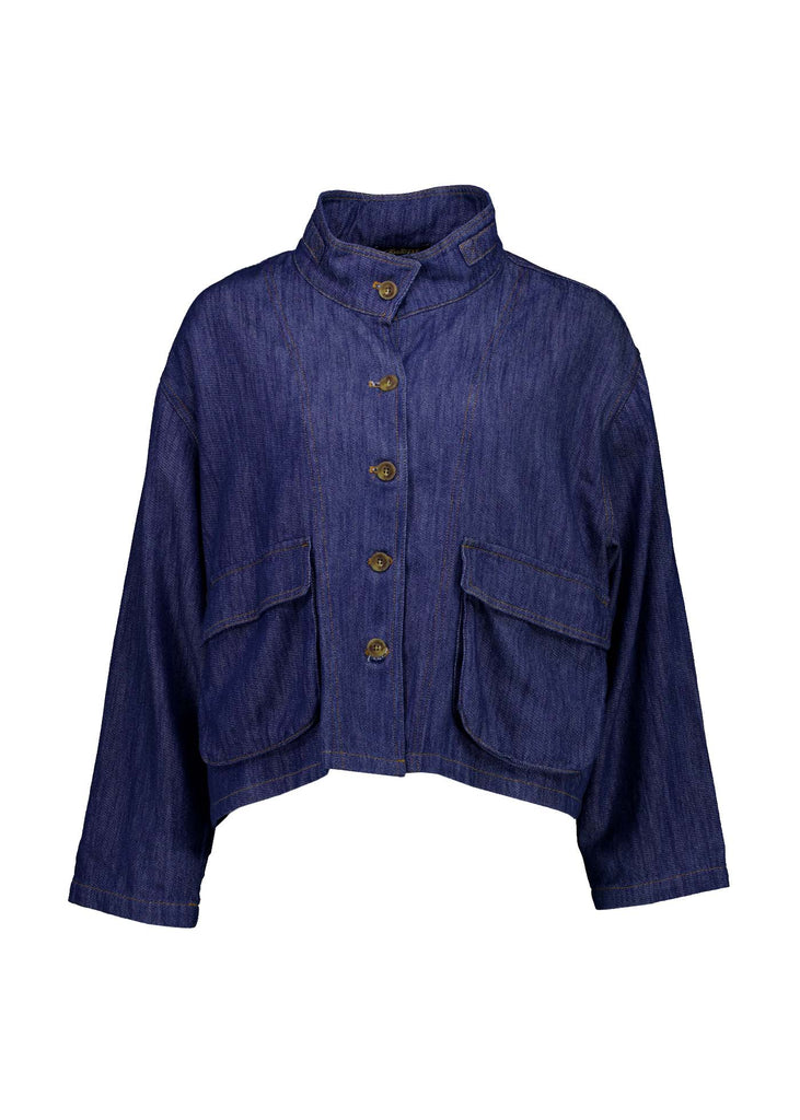 Olga de Polga Mid-Wash denim Billie jacket. Front patch pockets. Oversized boxy fit. Button down front. Full length sleeves. Front buttoned-up view .