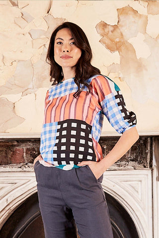 Olga de Polga classic blouse in our Blue Central Park print in cotton seersucker. Front view