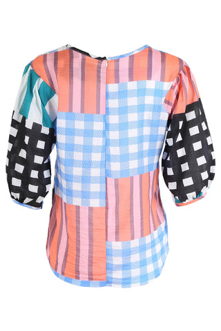 Olga de Polga blouse in Blue Central Park printed cotton seersucker.  Back view