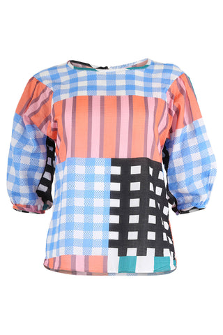 Olga de Polga blouse in Blue Central Park printed cotton seersucker. Front view.