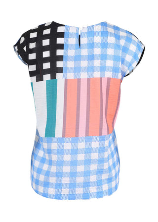 Olga de Polga tee in blue Central Park printed cotton seersucker. With a round neckline and cap sleeves, this tee finishes at the hip. Back view