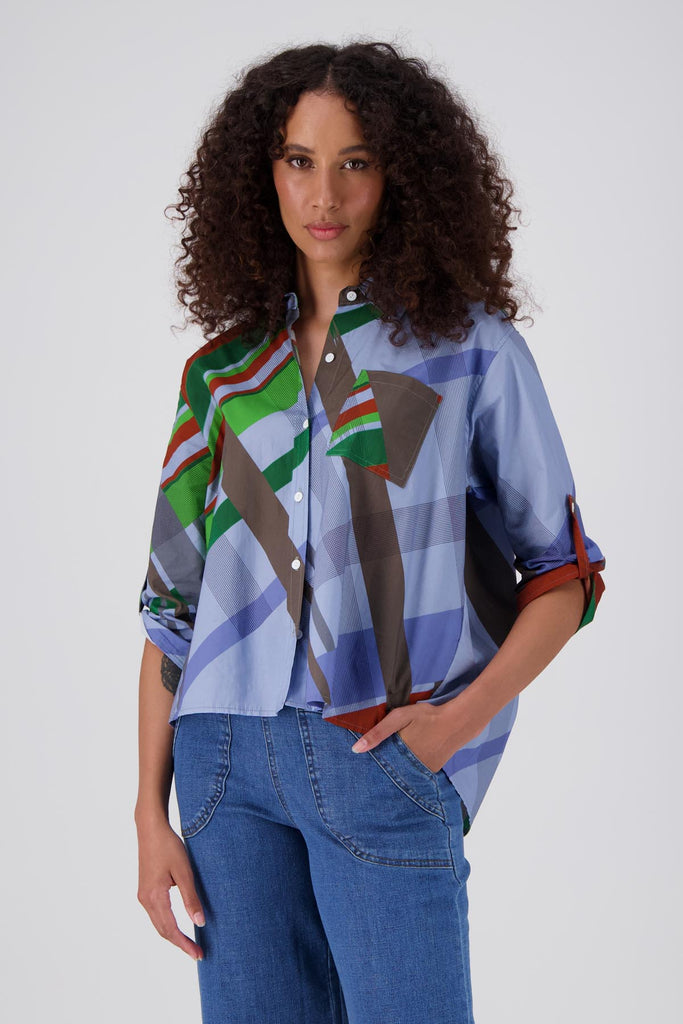 Olga de Polga Shirt in our blue Citrus Crossroads print. 100% Cotton. Front view.