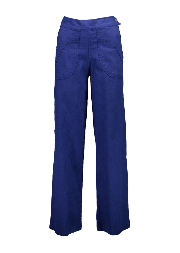 Olga de Polga Peggy Pants Long Lino in Cobalt Blue linen. Featuring a flattering high waist with an elasticated back, these pants provide all-day comfort while maintaining a sleek, streamlined look. With their stretchy wide-leg fit, flat front, and full-length silhouette, they effortlessly elevate any outfit. Front view.