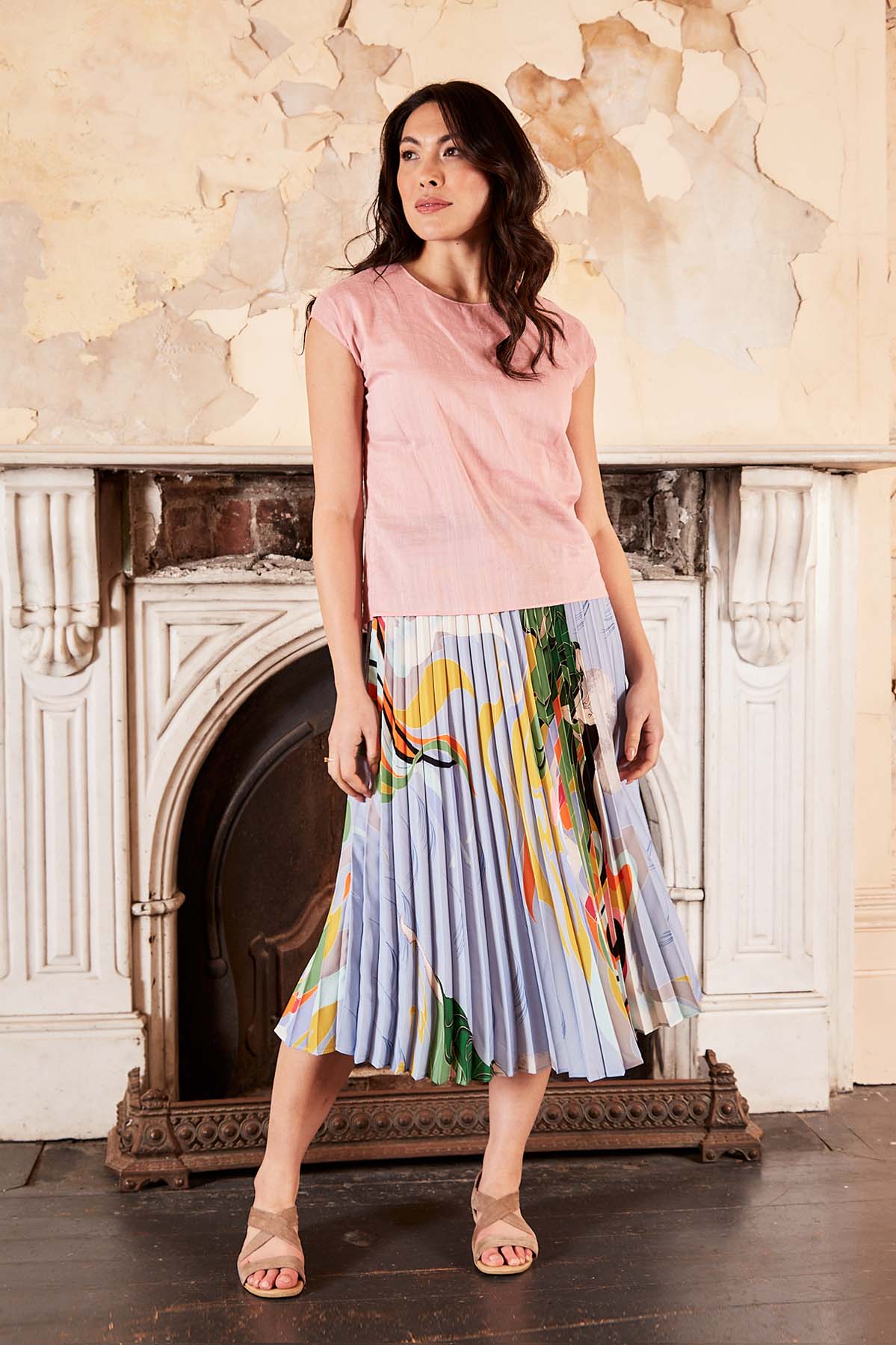 Olga de Polga pleated skirt in our Skylight Faith print. Front view