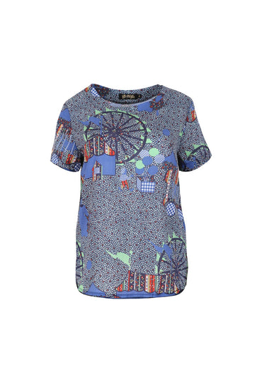 Olga de Polga women's Navy printed top in cotton. Navy Ferris Wheel print. Front view