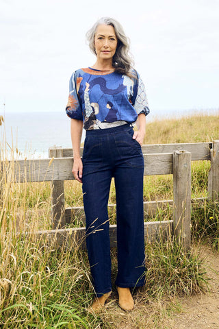 Olga de Polga Peggy Long Indigo Wash Jeans front view on model.