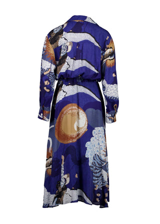 Olga de Polga Parisian dress in the new Festival Blue print. The Parisian Wrap Dress is a chic, versatile shirt dress, with an adjustable, elasticated waistband. Back
