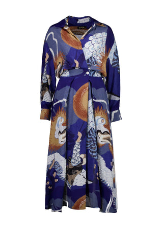 Olga de Polga Parisian dress in the new Festival Blue print. The Parisian Wrap Dress is a chic, versatile shirt dress, with an adjustable, elasticated waistband. Front