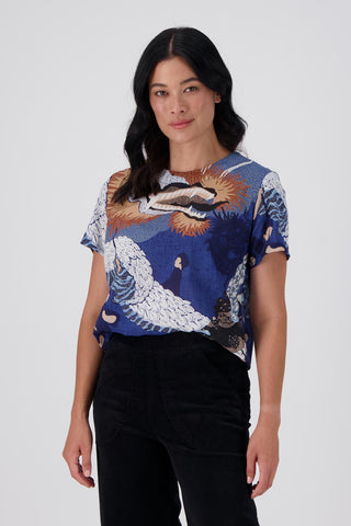 Olga de Polga's best selling print, Festival Blue is back in a new colourway - Blue! The classic top here in 100% cotton voile. Front view