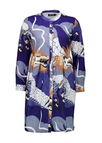 Olga de Polga tunic dress in Festival Blue printed fine cotton cord. Front view