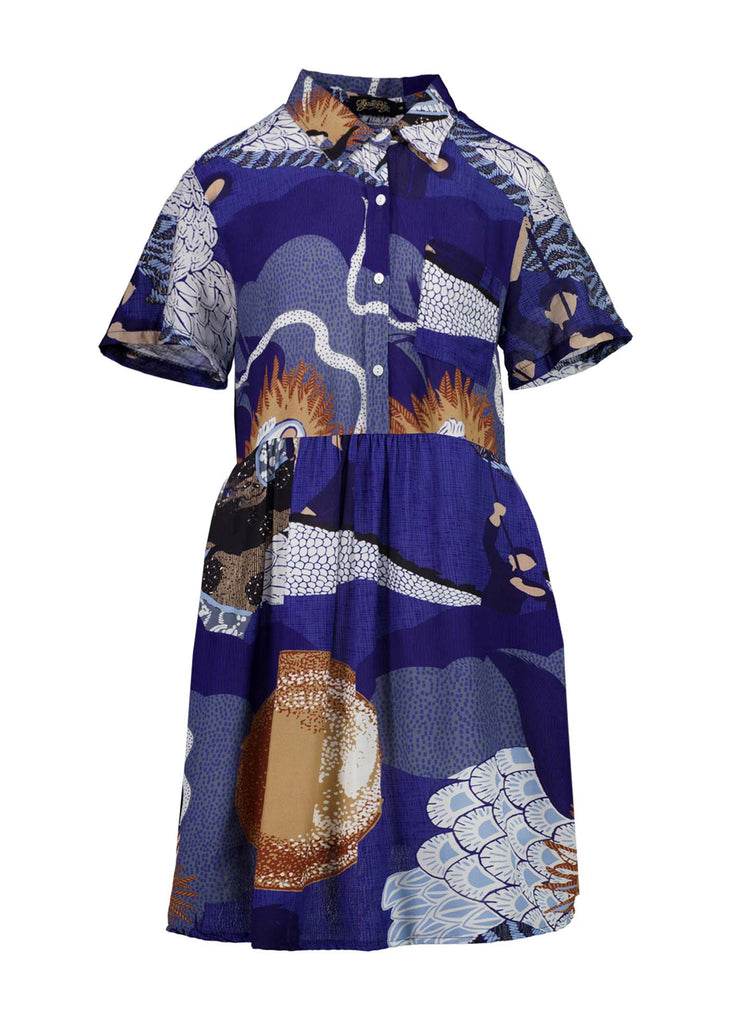 Festival Blue Villa Dress in original length/ Short sleeves, collar, button front and gathering on the skirt. Finishes above the knee. Front