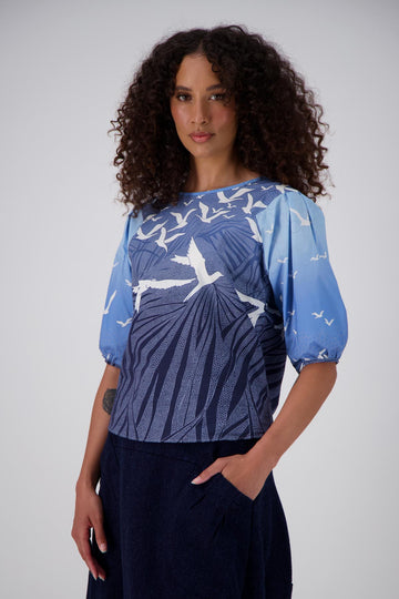 Olga de Polga Homebound blouse in Blue printed cotton. Front close view on model