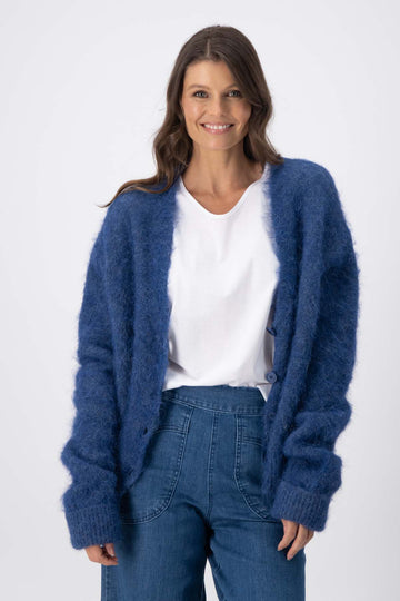 Olga de Polga navy In Transit alpaca short cardigan with long sleeves. Front