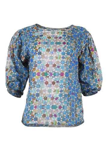 Blue Kaleidoscope cotton seersucker Olga Blouse. Front view