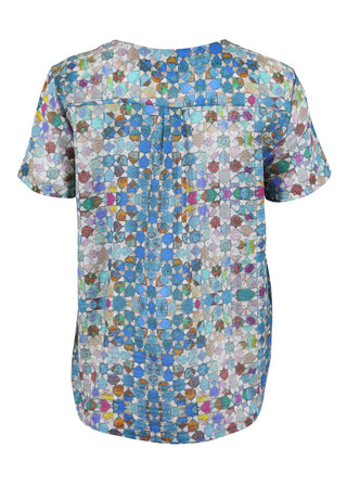 Olga de Polga classic top in Blue Kaleidoscope printed cotton seersucker. Back view