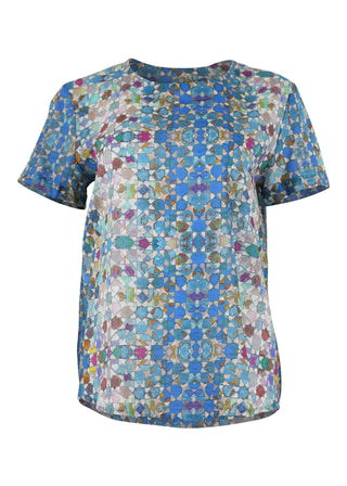 Olga de Polga classic top in Blue Kaleidoscope printed cotton seersucker. Front view
