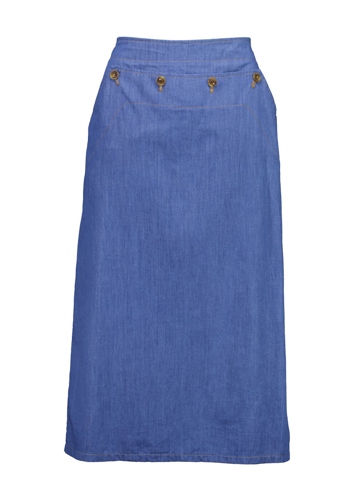 Olga de Polga Hepburn skirt in light wash cotton denim. The Hepburn Skirt is a chic pencil skirt with a playful twist. Featuring a unique button detail at the waist that forms a flattering pocket shape. Front view.