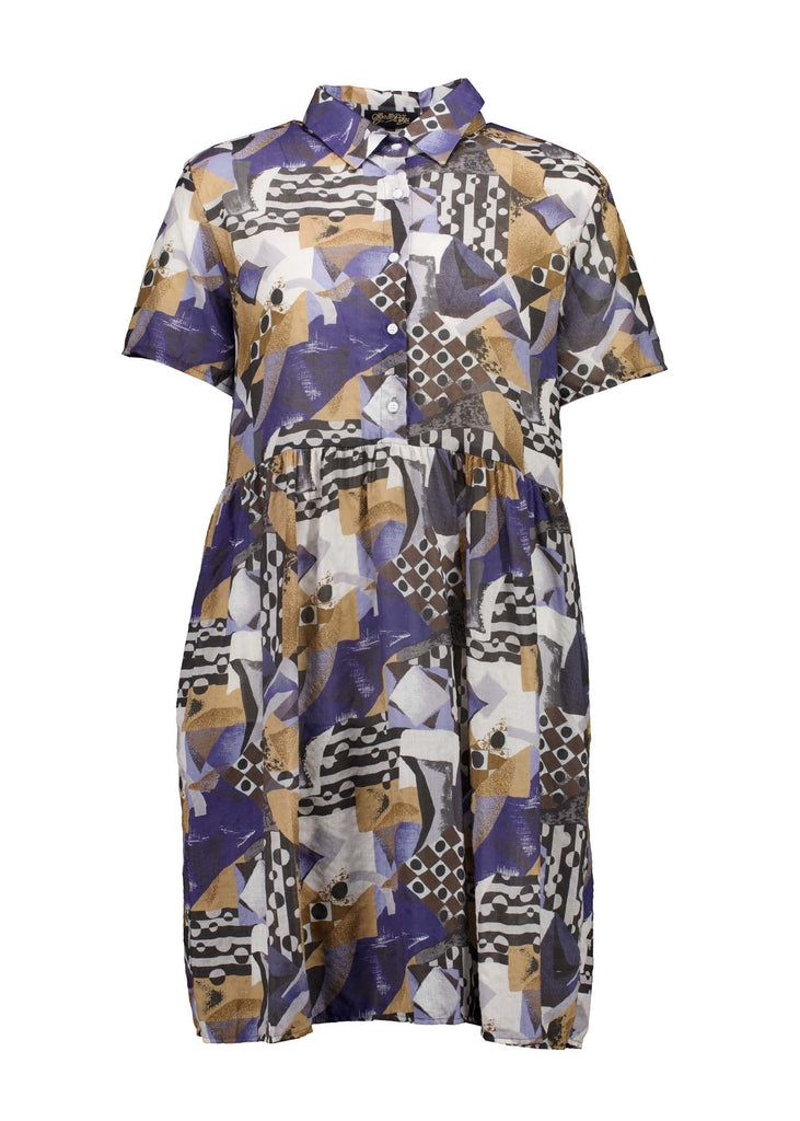 Olga de Polga Mezclar printed Villa drop waist dress with a collar and front button opening. Gathering at the waist.  Front view.