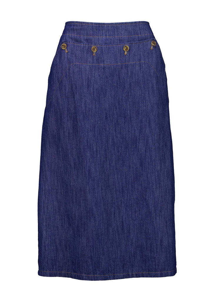 Olga de Polga mid-wash denim Hepburn Skirt. A pencil skirt with a twist.  Featuring a unique button detail at the waist that forms a flattering pocket shape, this skirt adds personality to any outfit. With an elasticated back waist for comfort, it finishes just below the knee and has a stylish back split for ease of movement. Front view.